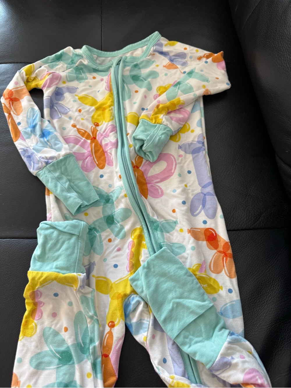 Little Sleepies Multicolor Balloon Animal Print One-Piece Footie with Mint Trim